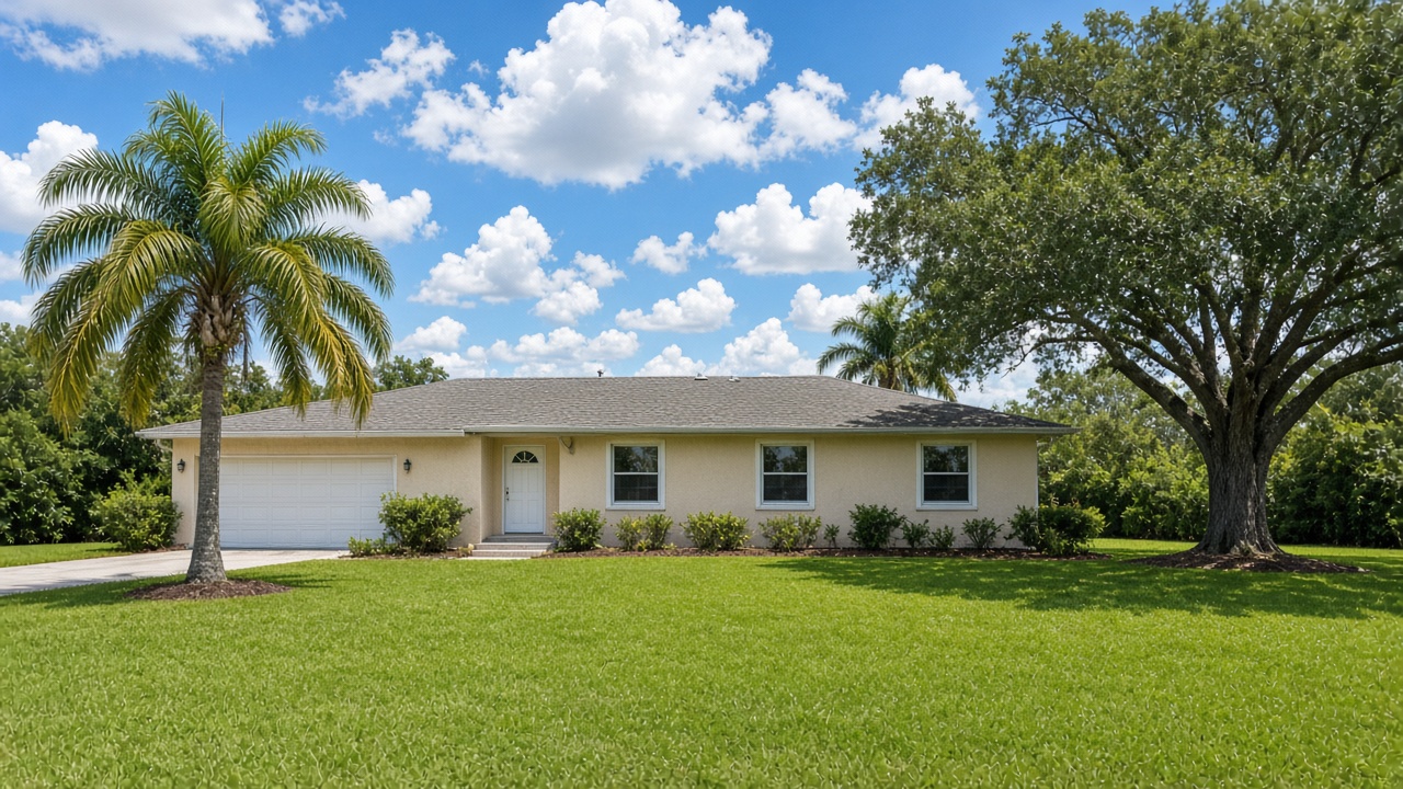 Single story stucco home with a wide green lawn and palm tree