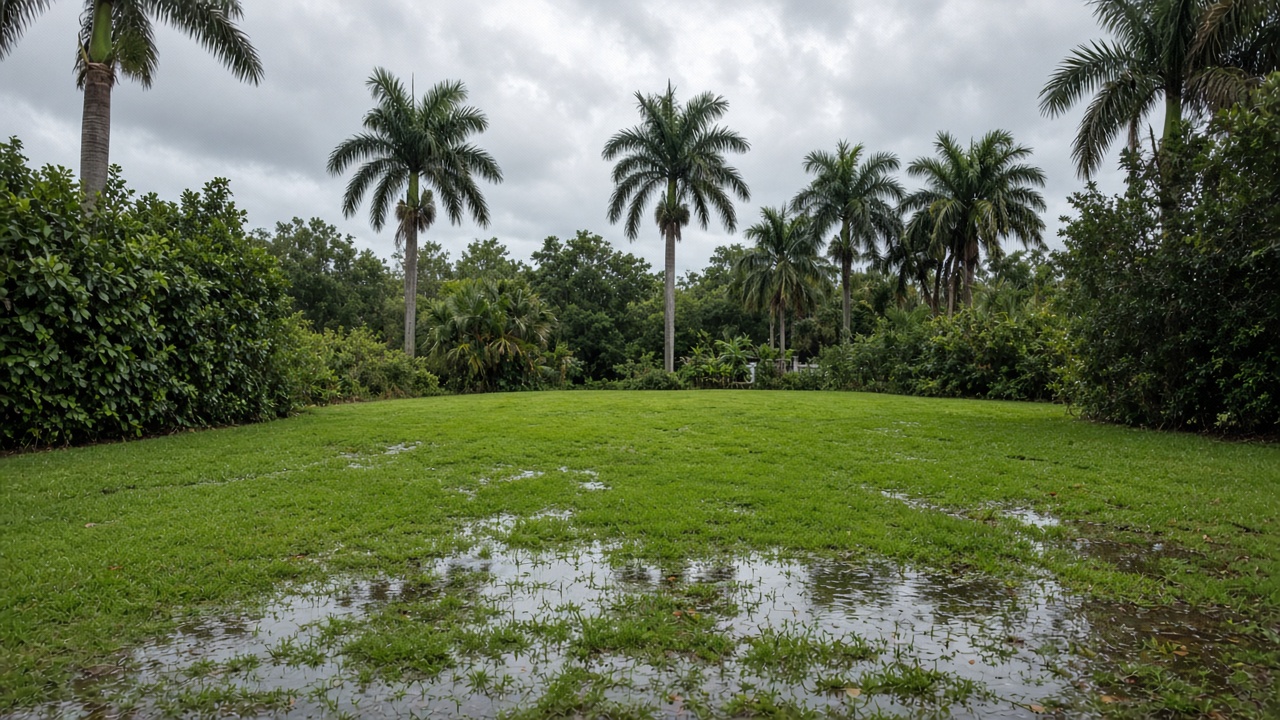 Standing rainwater on a backyard lawn under cloudy skies