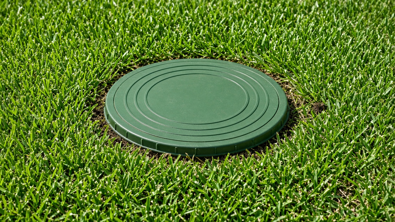Green septic riser lid flush with the grass