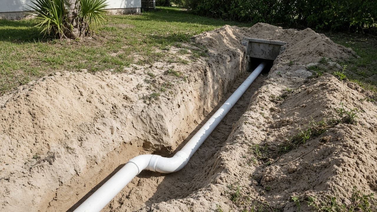 Open trench with a white sewer pipe running to a septic tank